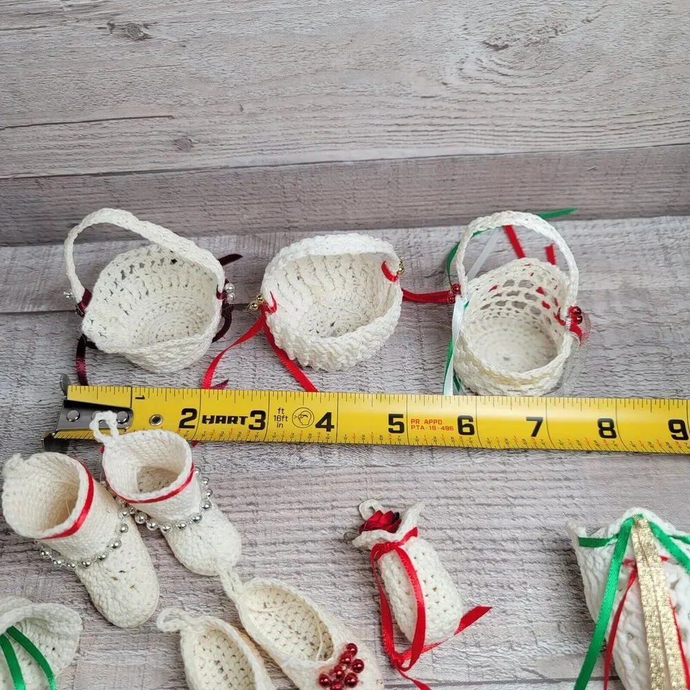 Vintage Crochet Christmas Ornaments Handmade Boho Bells Baskets Booties Slippers